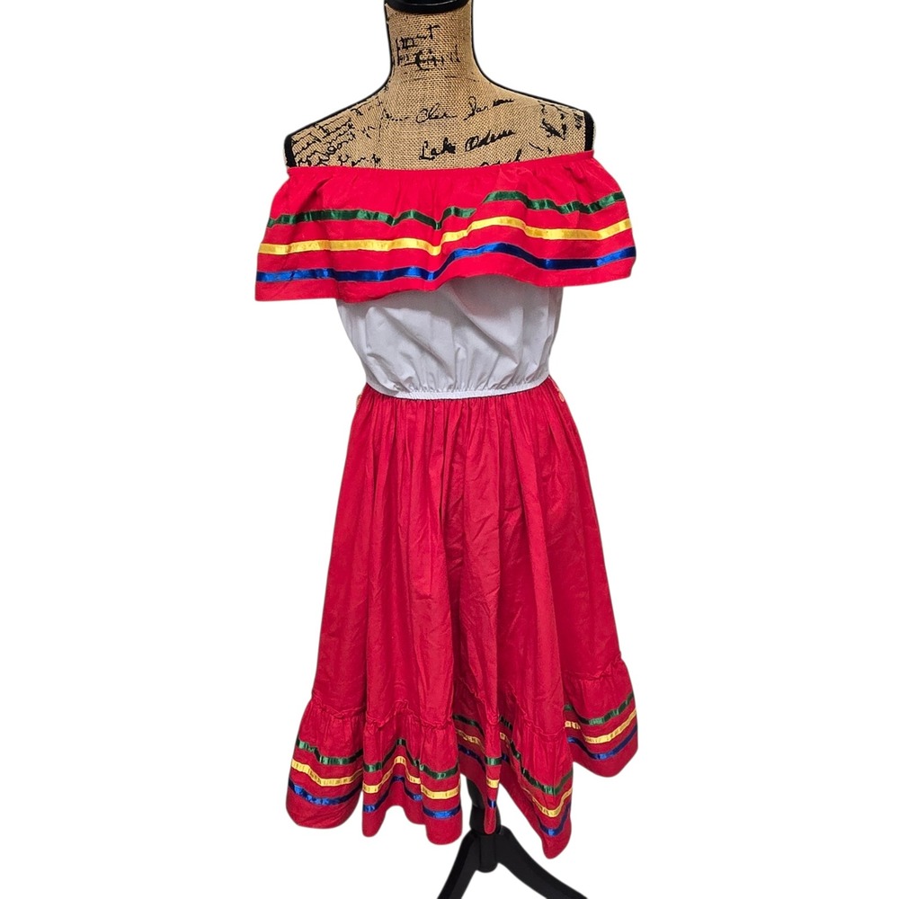 Unik Mexican Folklorico Dress Womens 10 Red White Ribbon Trim Midi Cotton EUC